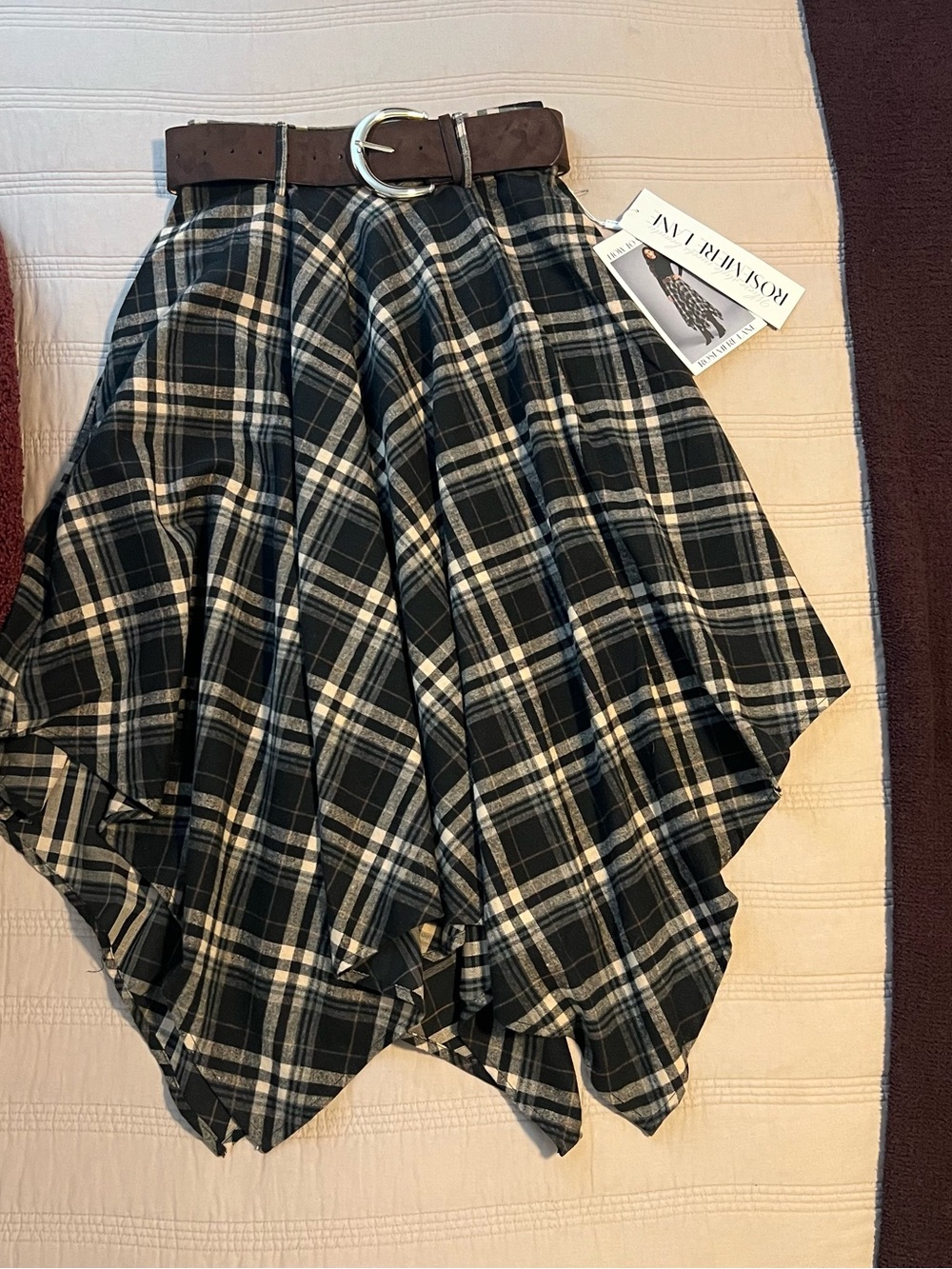 Handkerchief Hem Plaid Skirt Black Cream Beige Rosemere Lane Asymmetrical